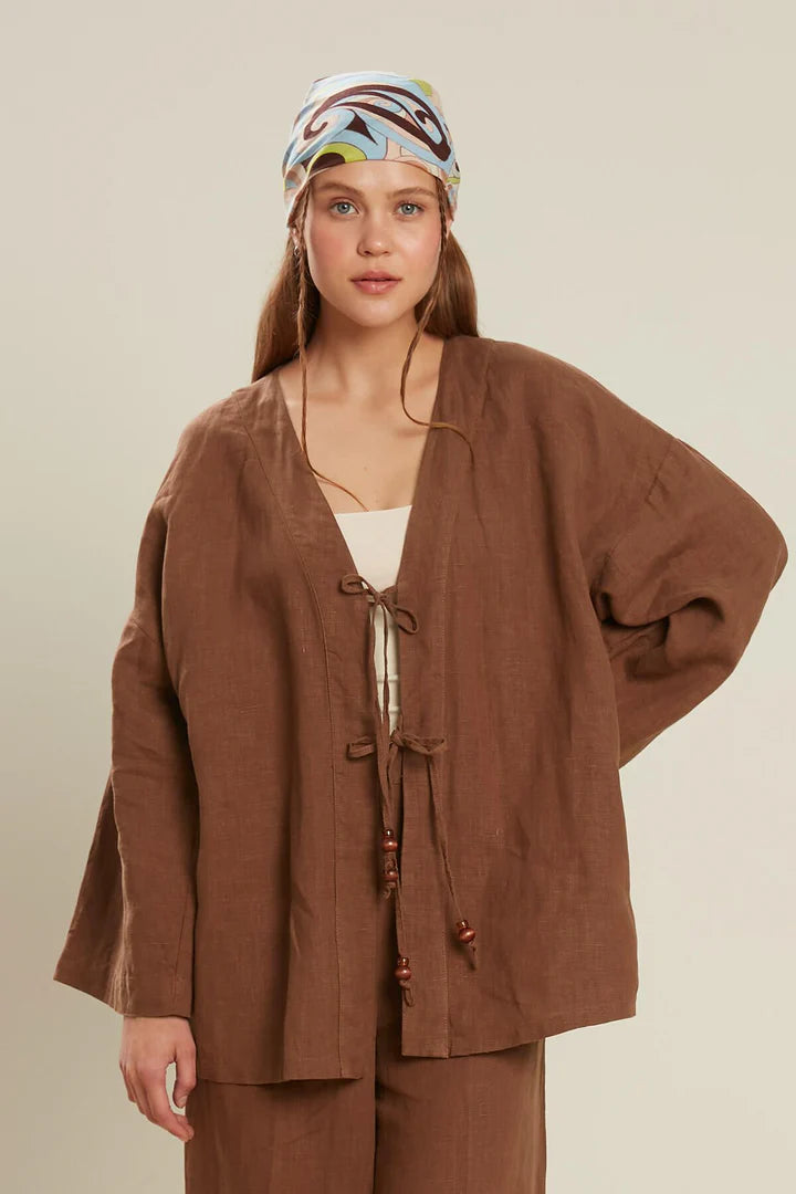 HAUT KIMONO EN LIN MARRON