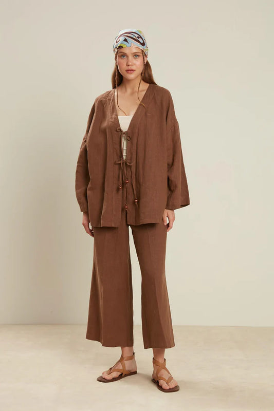 HAUT KIMONO EN LIN MARRON