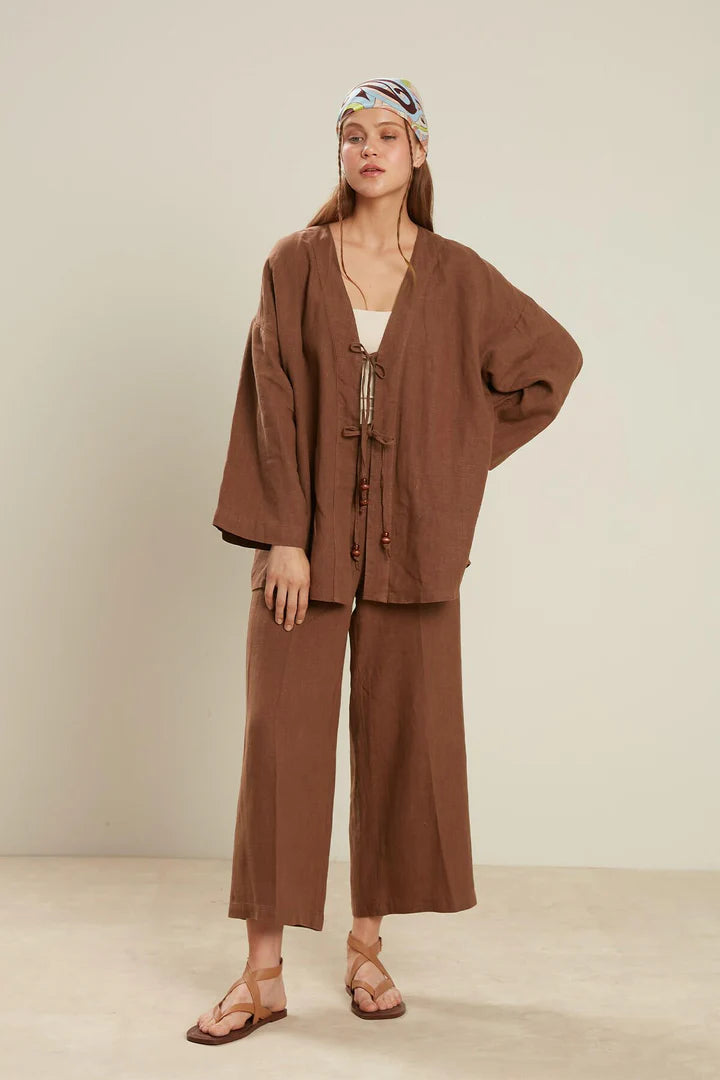 HAUT KIMONO EN LIN MARRON